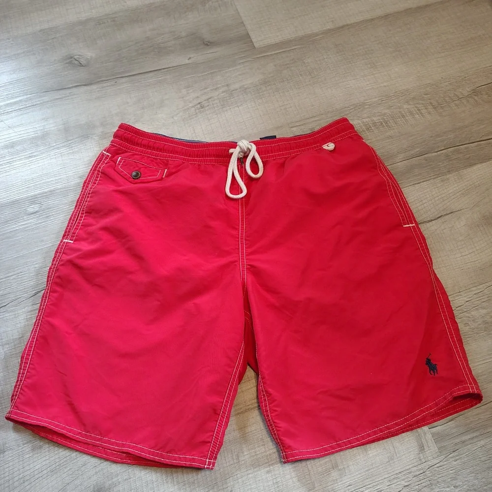 Polo Ralph Lauren Mens Red Swim Trunks Mesh Lined Drawstring Shorts Size Medium